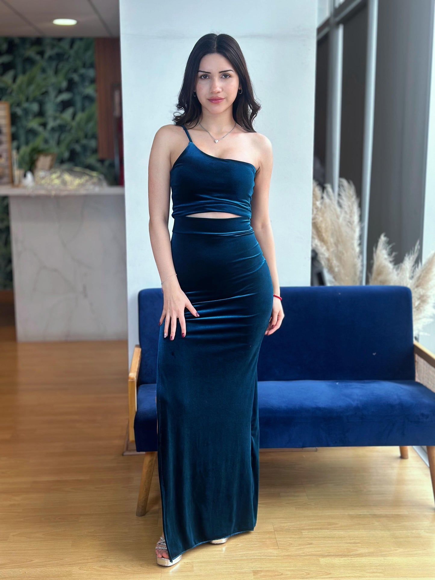 Vestido Carmen Terciopelo Azul Petroleo