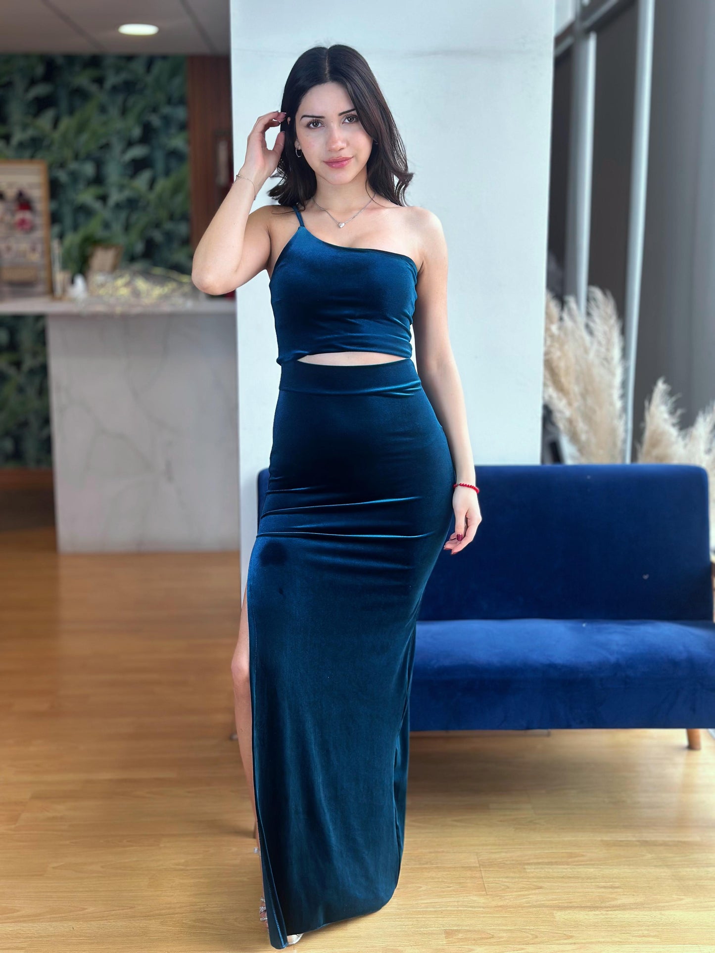 Vestido Carmen Terciopelo Azul Petroleo