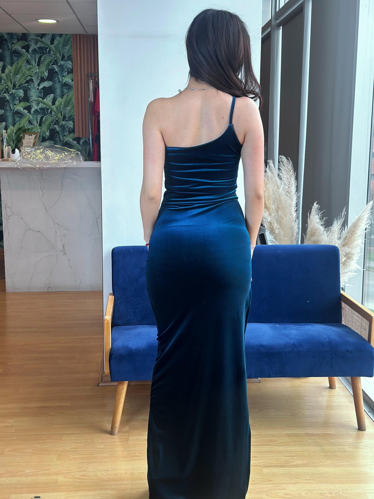 Vestido Carmen Terciopelo Azul Petroleo