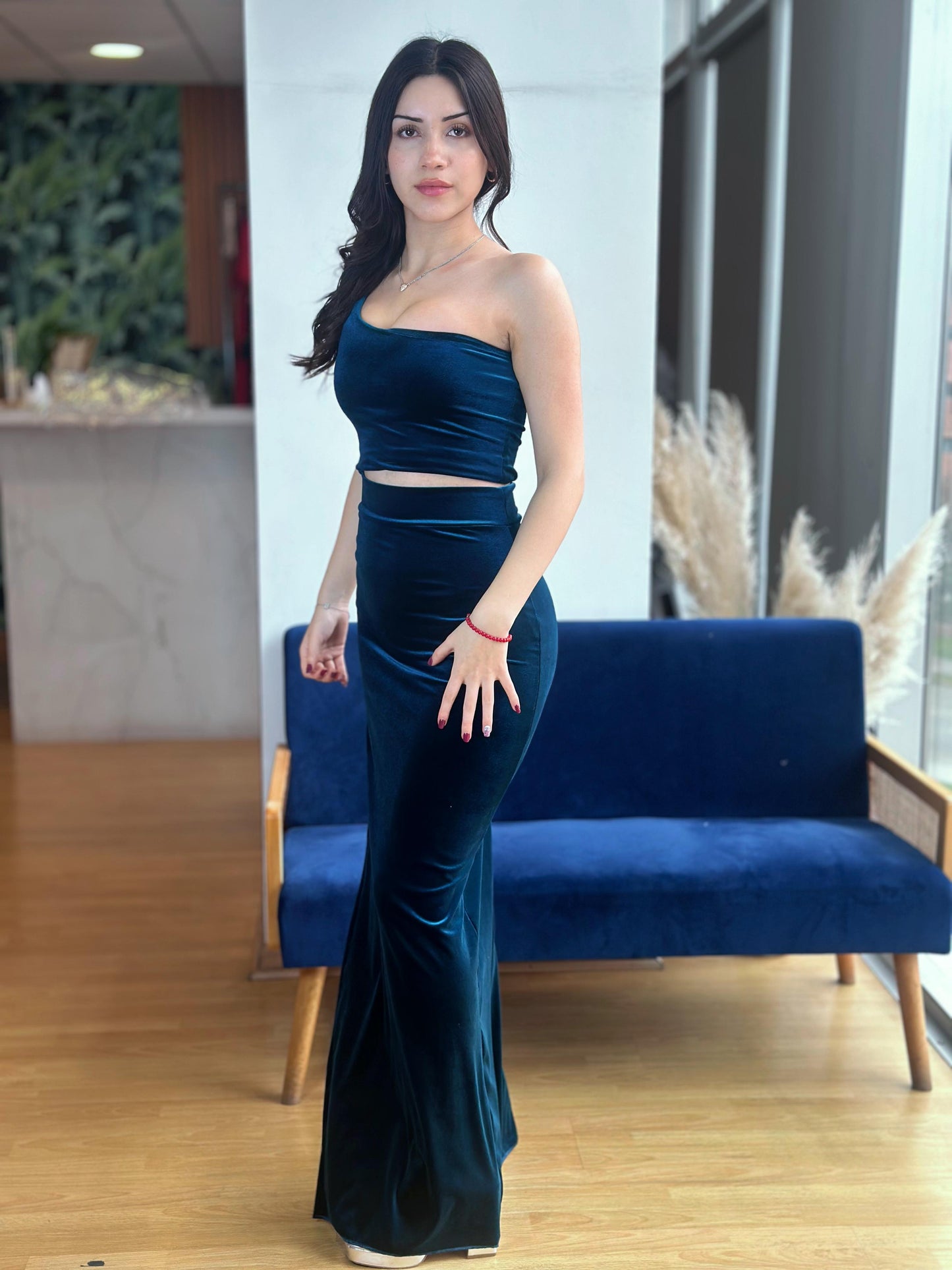 Vestido Carmen Terciopelo Azul Petroleo