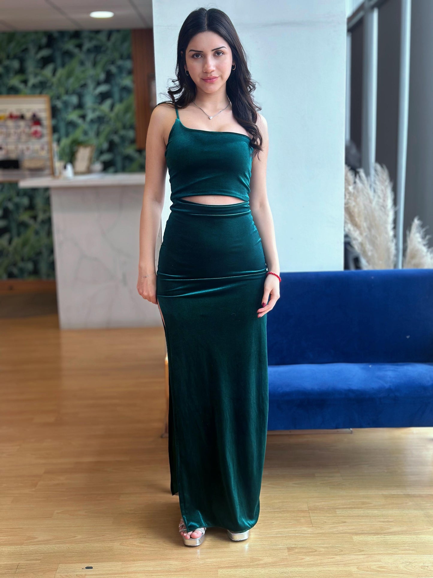 Vestido Carmen Terciopelo Verde Botella