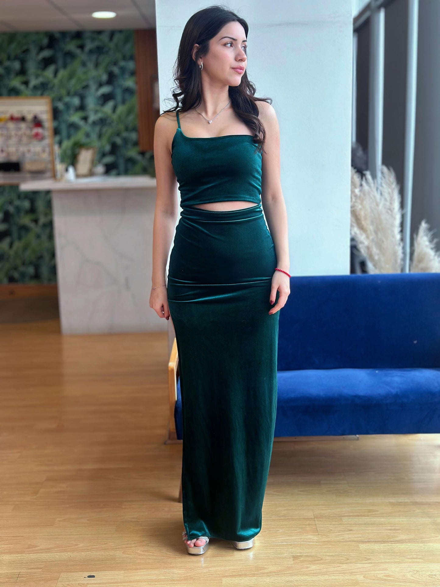 Vestido Carmen Terciopelo Verde Botella