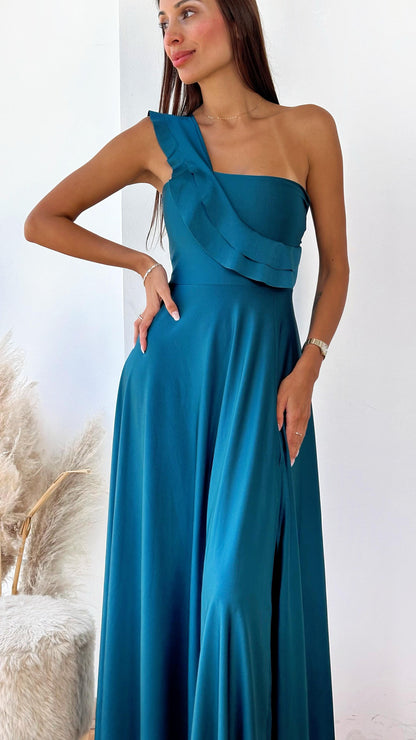 Vestido de Fiesta Asimétrico Fiorella – Verde Petróleo