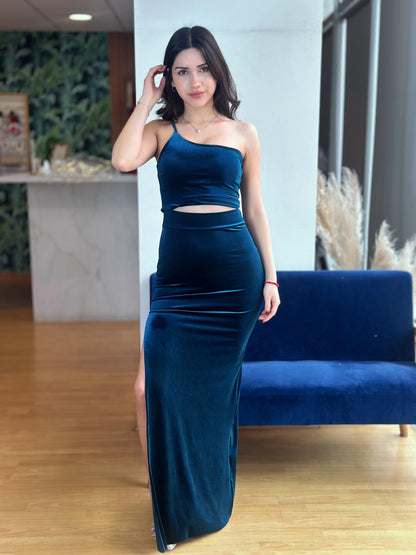 Vestido Carmen Terciopelo Azul Petroleo