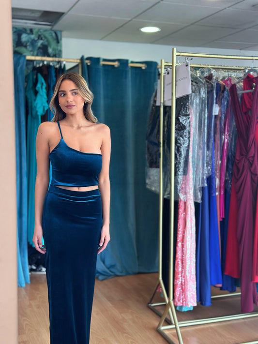 Vestido Carmen Terciopelo Azul Petroleo