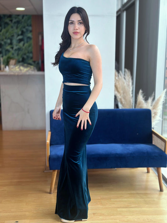 Vestido Carmen Terciopelo Azul Petroleo