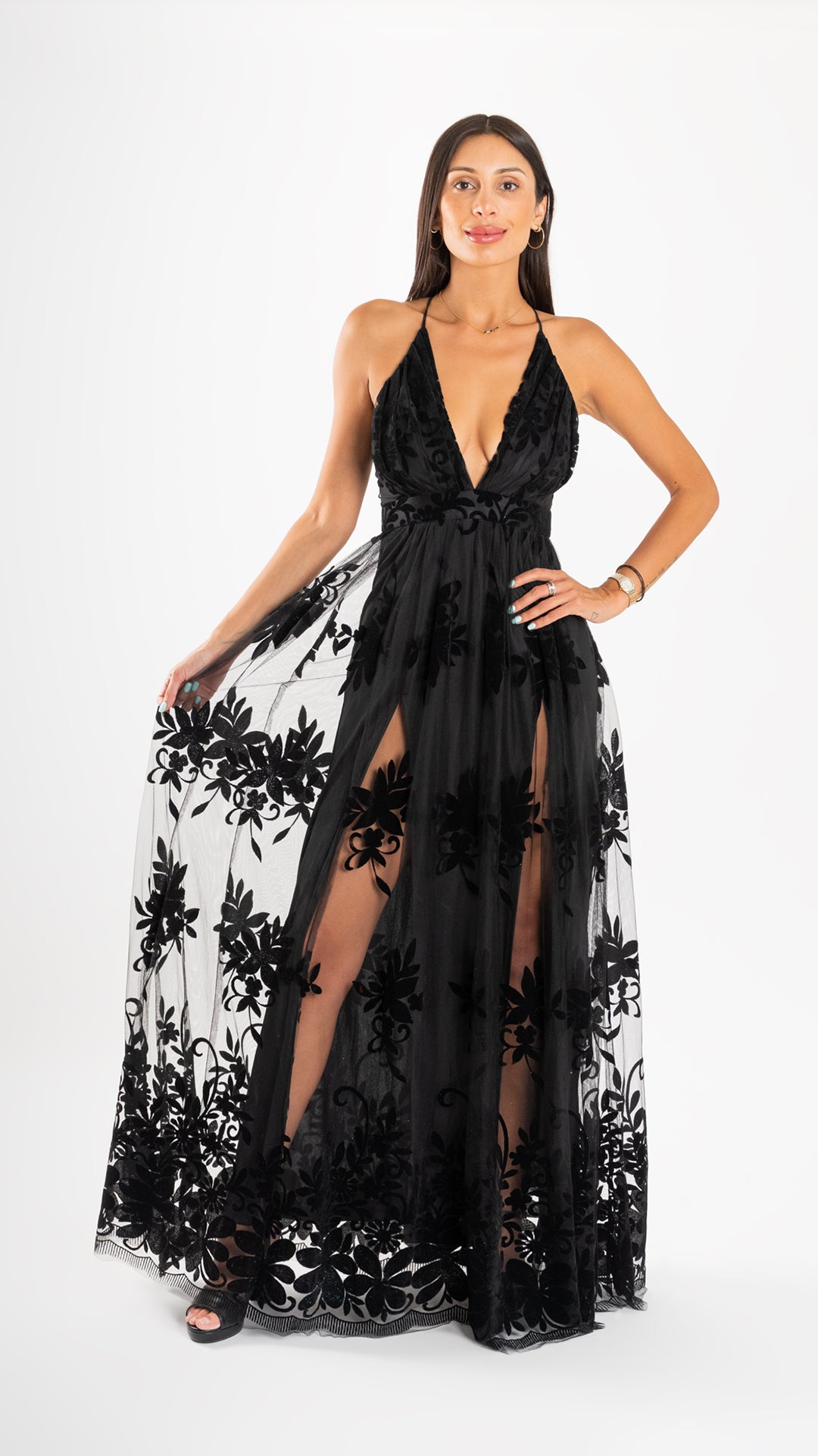 Vestido Tul Negro con Flores